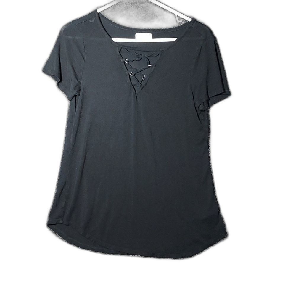 Maurices 24/7 Black Laced V-Neck Medium Top